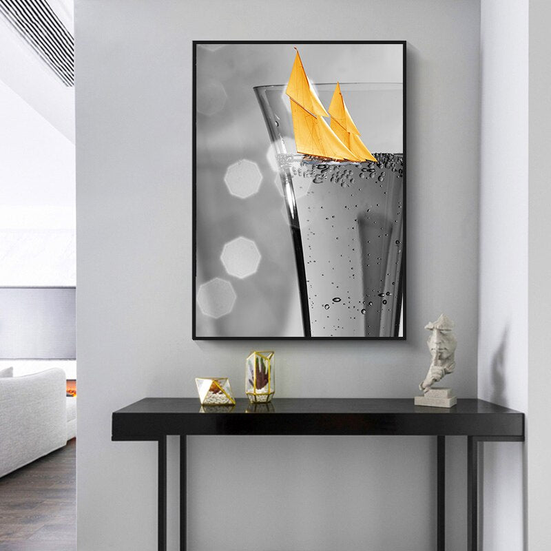 Black Wine Glass With Boat Wall Art - Canvas Wall Art Painting | Bowlift