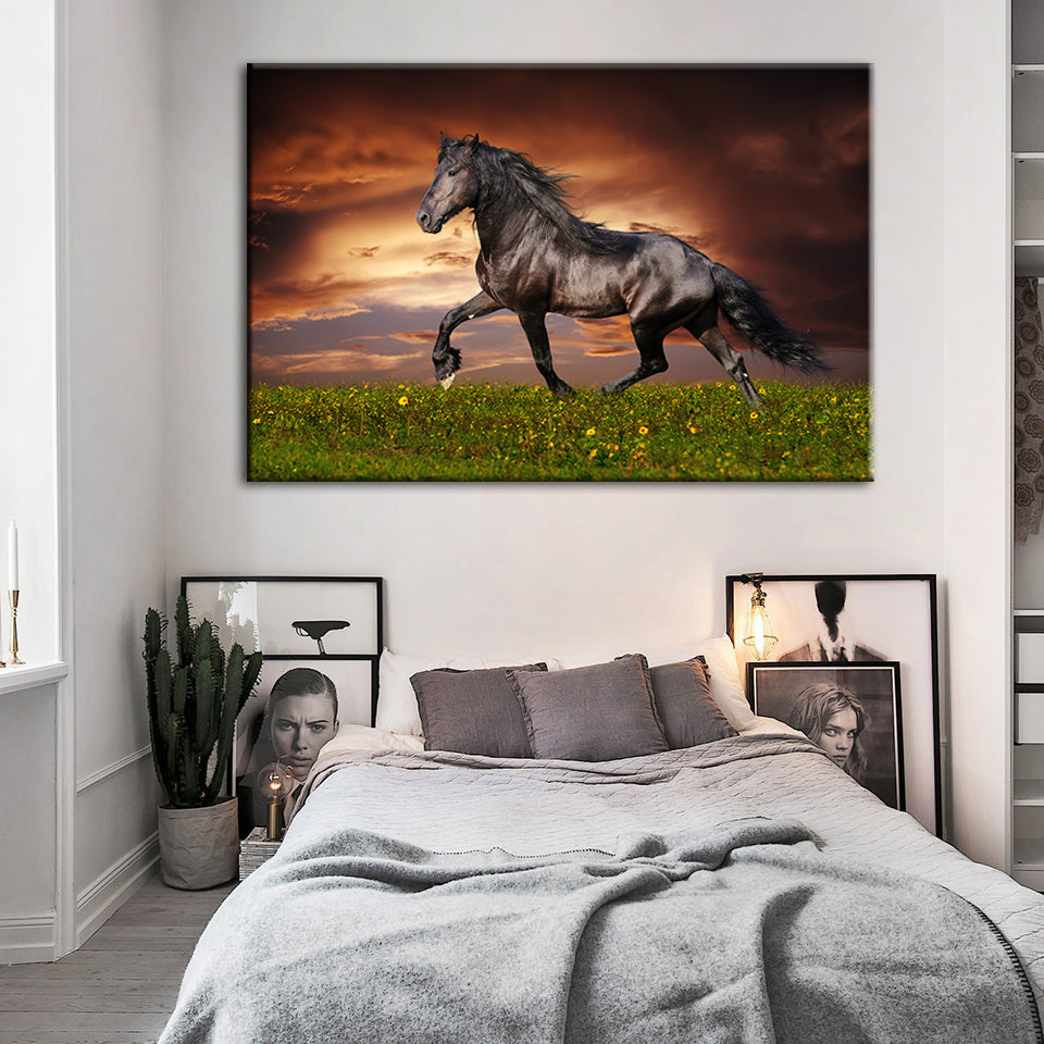Running Black Horse - Canvas Wall Art Painting | Bowlift