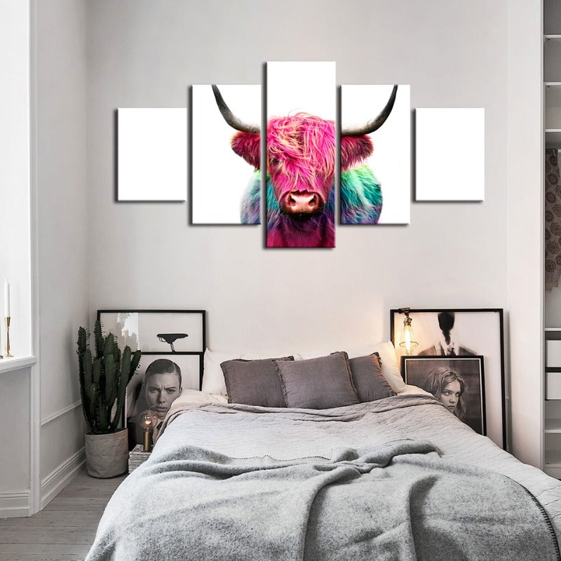 5 Piece Colorful Pink Cow - Canvas Wall Art Painting | Bowlift