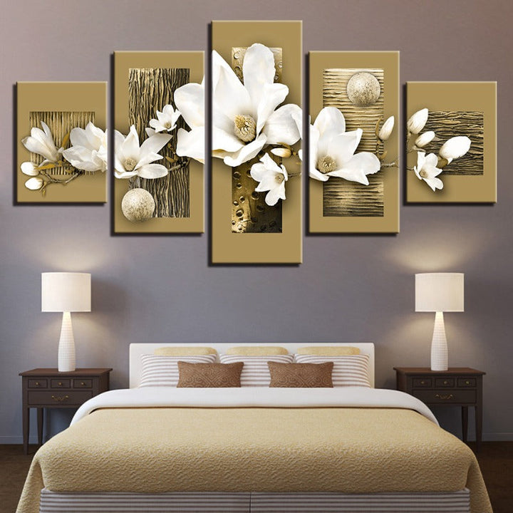 5 Piece Wooden Background White Flower - Canvas Wall Art Painting | Bowlift