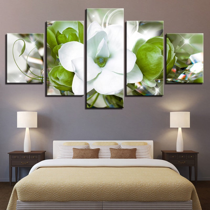 5 Piece Green Background White Flower - Canvas Wall Art Painting | Bowlift