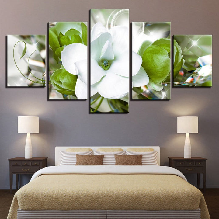 5 Piece Green Background White Flower - Canvas Wall Art Painting | Bowlift
