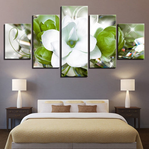5 Piece Green Background White Flower - Canvas Wall Art Painting | Bowlift