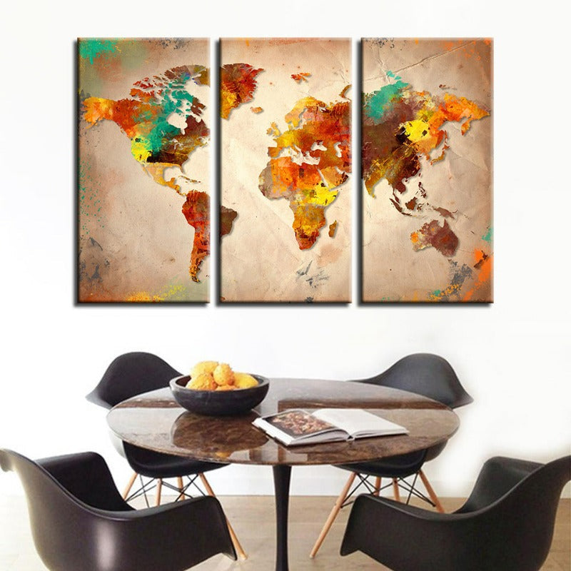 Beautiful Abstract Multi-Color World Map-Canvas Wall Art Painting 3 Pieces | Bowlift