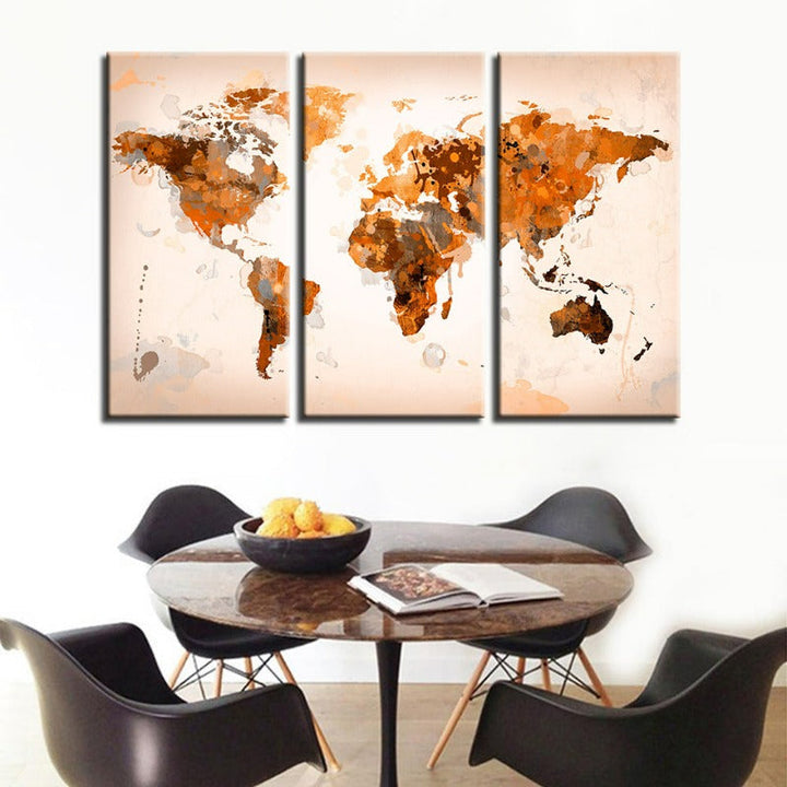 Beautiful Abstract Brown World Map-Canvas Wall Art Painting 3 Pieces | Bowlift
