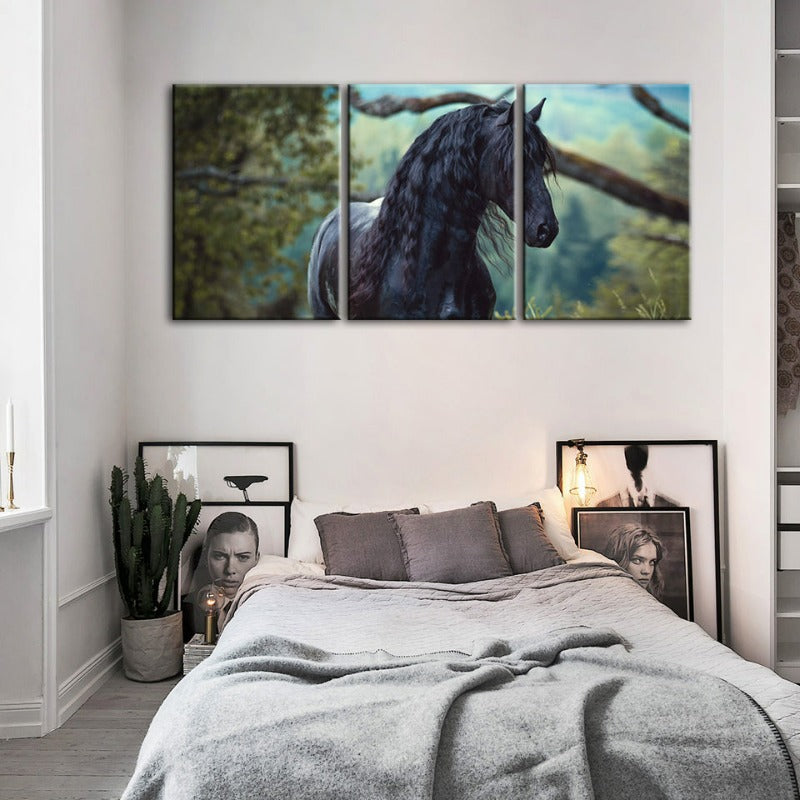 Black Horse in Forest-Canvas Wall Art Painting 3 Pieces | Bowlift