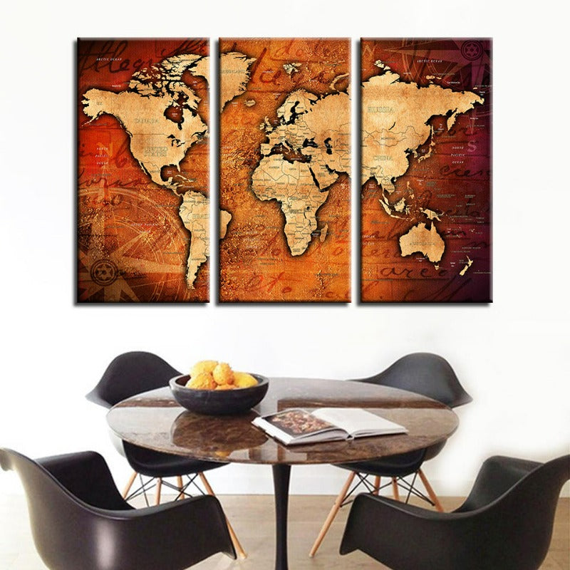Brown & Red Rustic World Map-Canvas Wall Art Painting 3 Pieces | Bowlift