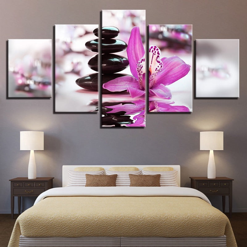 5 Piece Black Pebbles With Purple Flower - Canvas Wall Art Painting | Bowlift