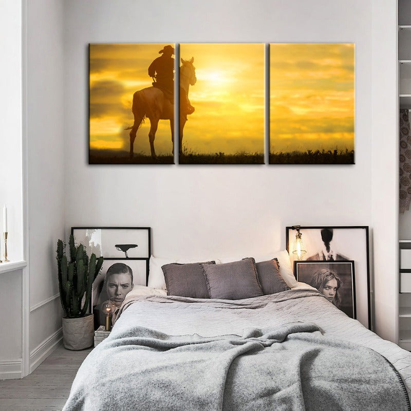 Cowboy And His Steed - Canvas Wall Art Painting 3 Pieces | Bowlift