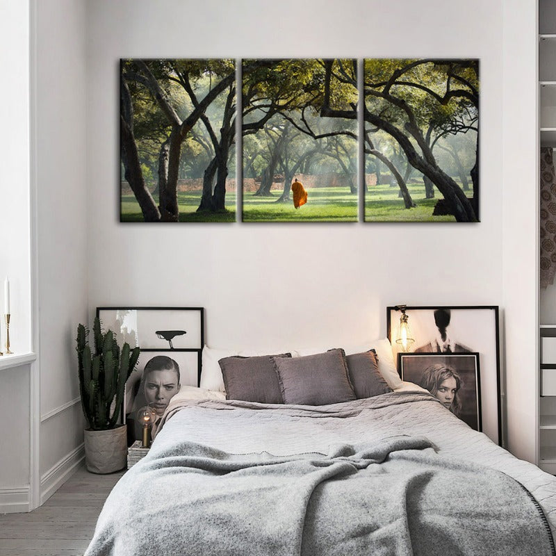 Peaceful Monk Walking-Canvas Wall Art Painting 3 Pieces | Bowlift