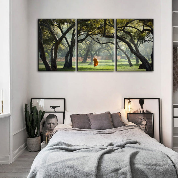 Peaceful Monk Walking-Canvas Wall Art Painting 3 Pieces | Bowlift