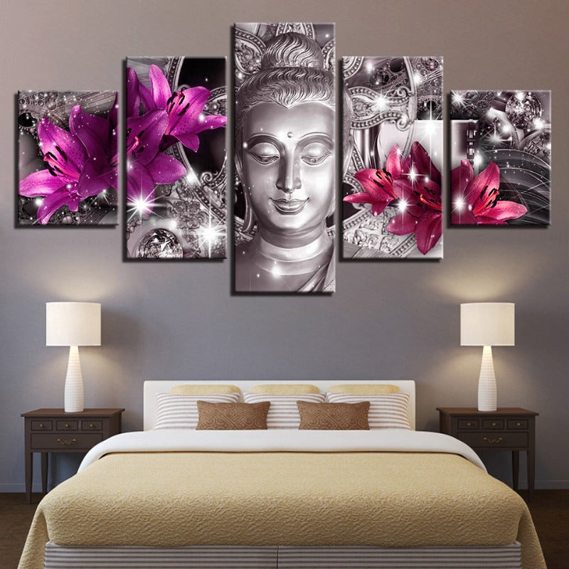 5 Piece Buddha With Purple & Pink Tulip Flower - Canvas Wall Art Painting | Bowlift