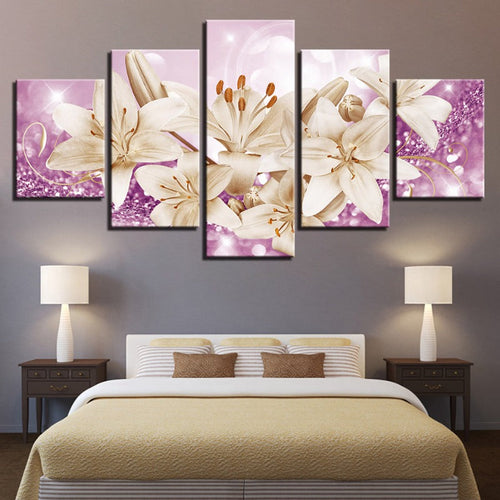 5 Piece Purple Background Rustic Flower - Canvas Wall Art Painting | Bowlift