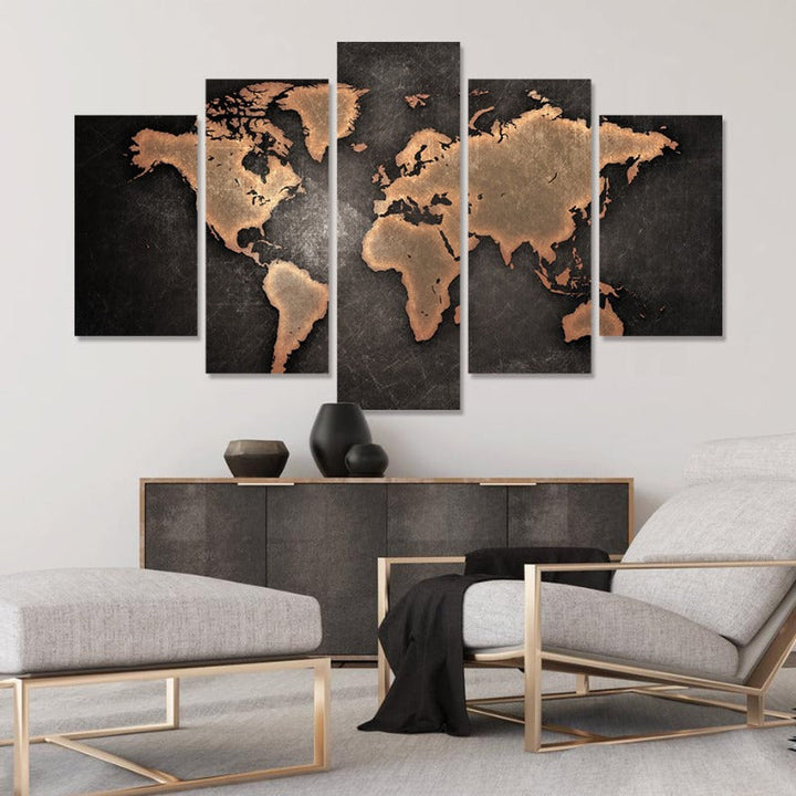 5 Piece Brown World Map - Canvas Wall Art Painting | Bowlift