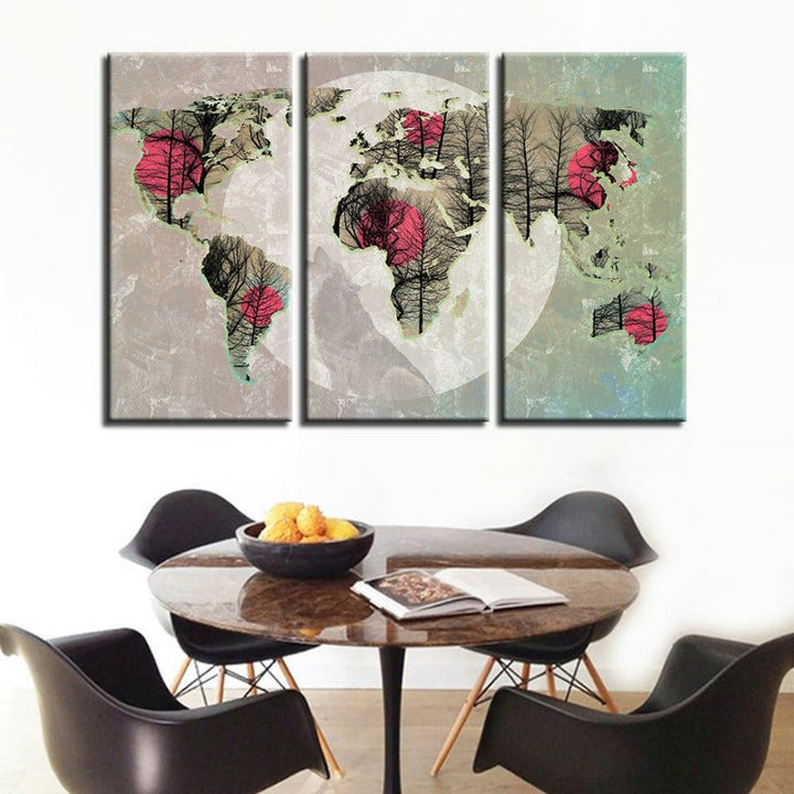 Beautiful Abstract Pink Sun World Map-Canvas Wall Art Painting 3 Pieces | Bowlift