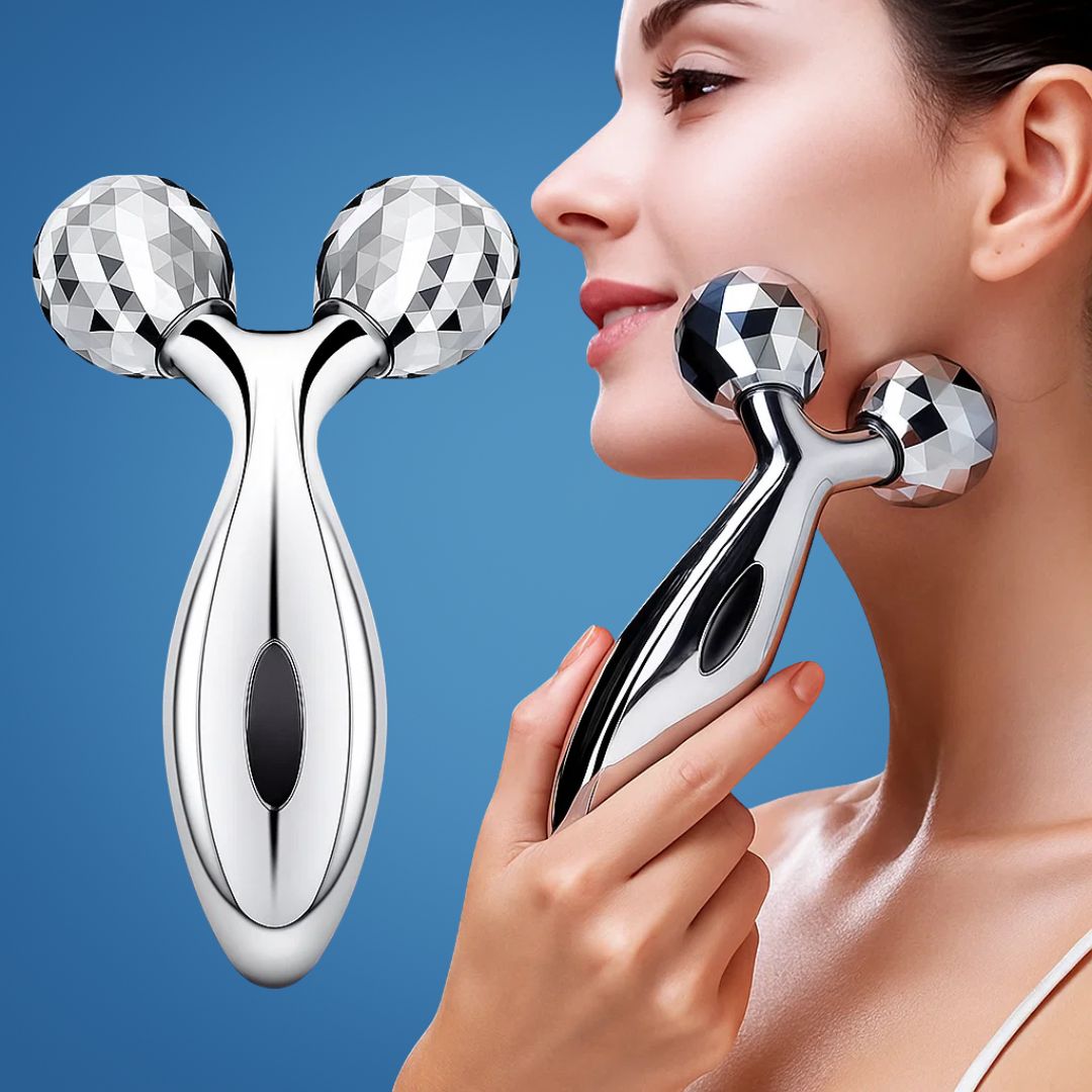 GlowRoller | Face Roller Massager – Depuffing & Lift – Metal Rolling Heads – Daily Spa Facial Bowlift