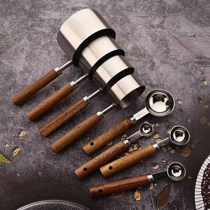 MeasureWood Measuring Spoons and Measuring Cups Set Stainless Steel Oak Wood 8-piece | Bowlift
