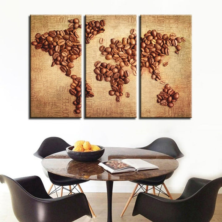 Beautiful Abstract Coffee Beans World Map - Canvas Wall Art Painting 3 Pieces | Bowlift