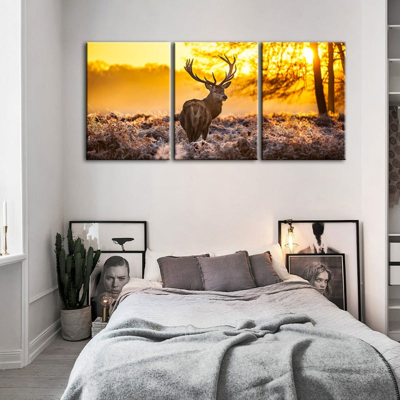 Winter Deer At Dawn-Canvas Wall Art Painting 3 Pieces | Bowlift