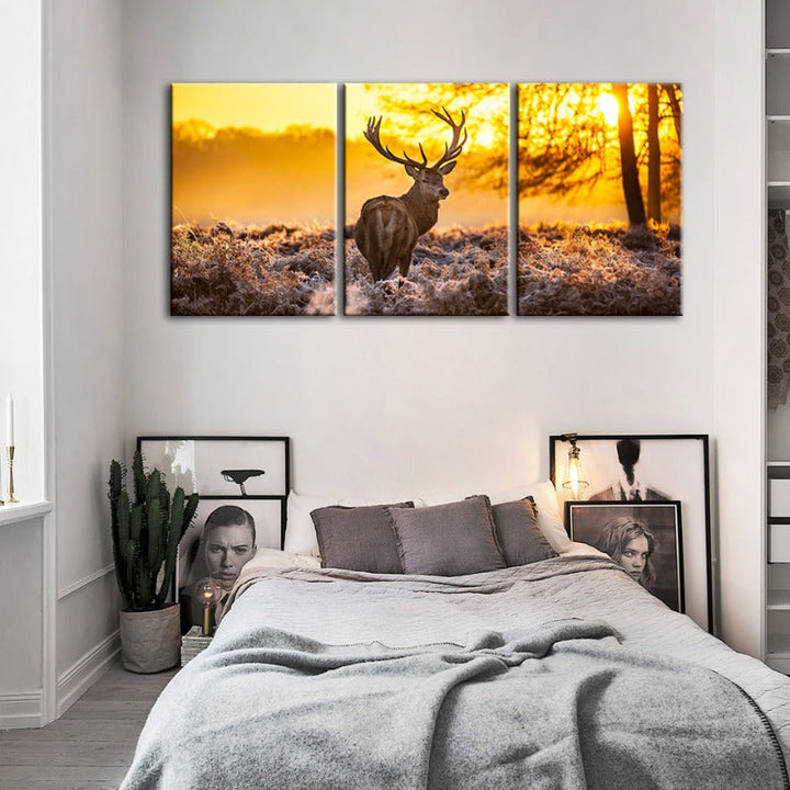 Winter Deer At Dawn-Canvas Wall Art Painting 3 Pieces | Bowlift