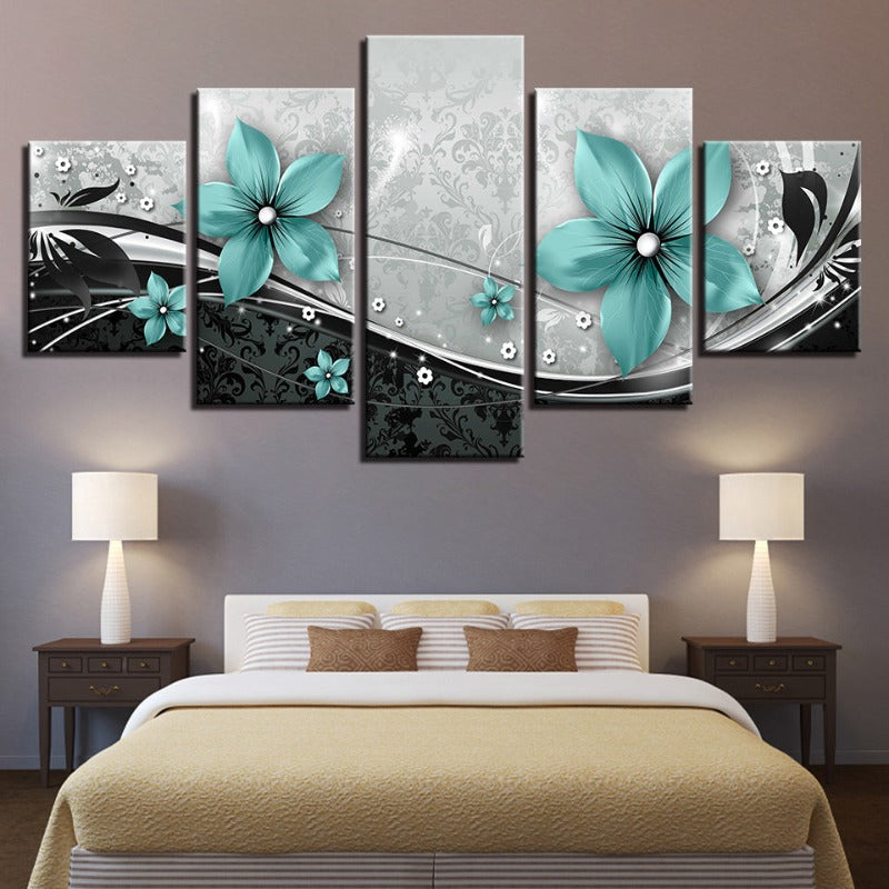 5 Piece Turquoise Flower - Canvas Wall Art Painting | Bowlift