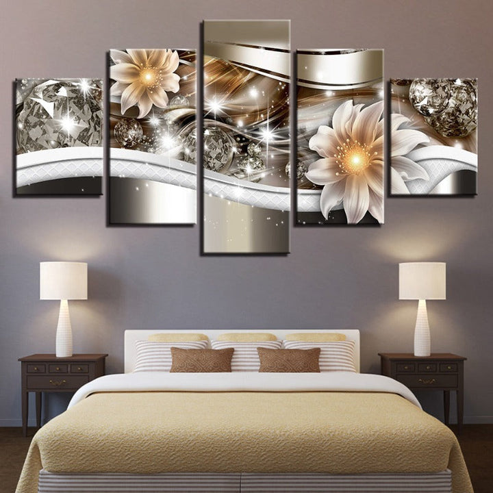 5 Piece Golden Glow Hue White Flower - Canvas Wall Art Painting | Bowlift