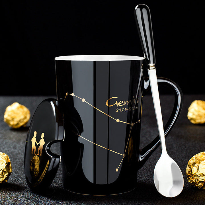 12 Constellations Black Ceramic Mug with Lid Spoon | Bowlift