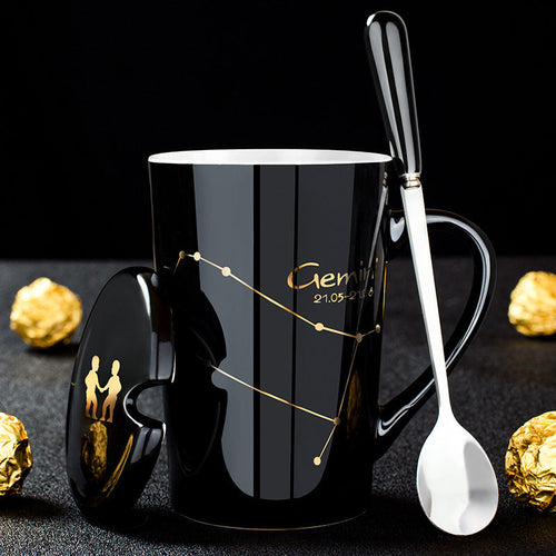 12 Constellations Black Ceramic Mug with Lid Spoon | Bowlift