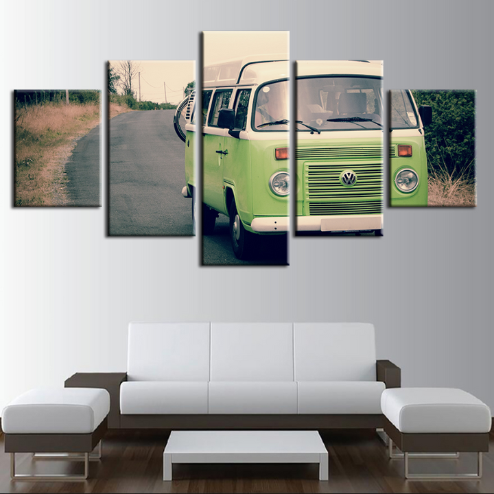 5 Piece Light Green Vintage Bus Car - Canvas Wall Art Painting | Bowlift