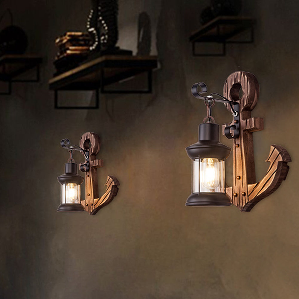 Rustic wood anchor wall lamp with lantern Bowlift