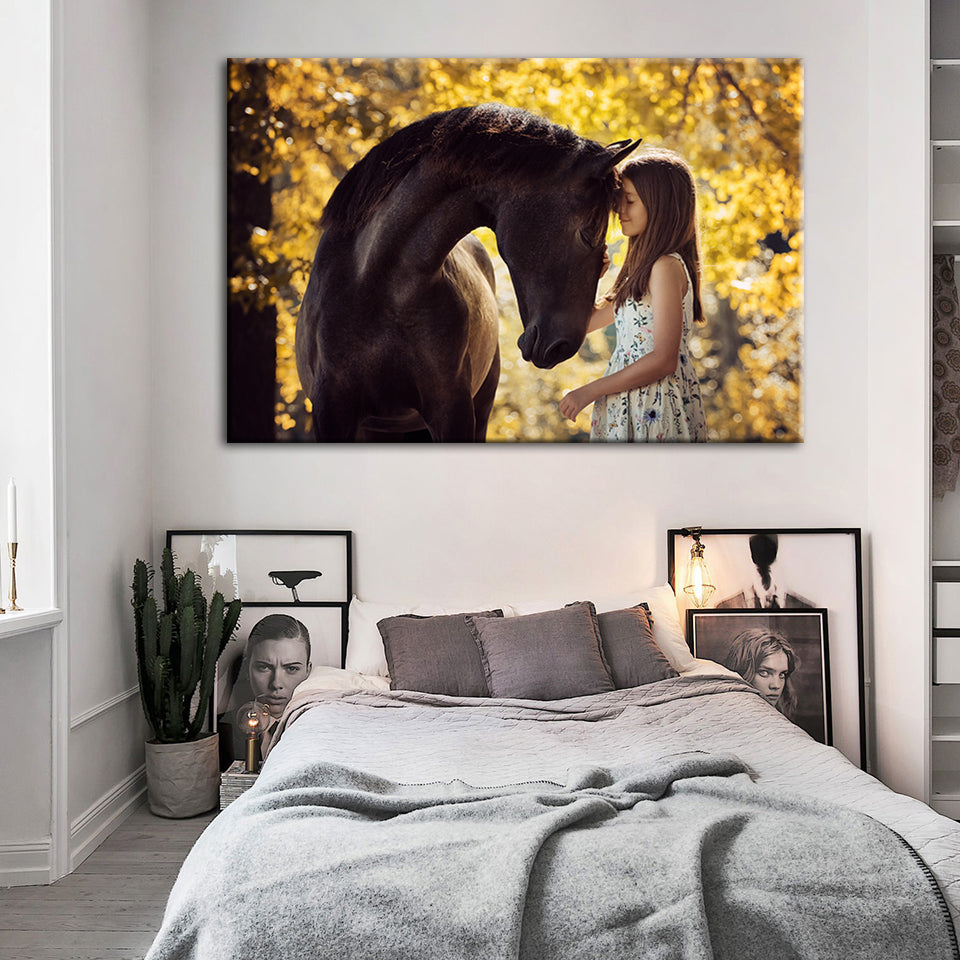 Friendship Between a Girl and Horse - Canvas Wall Art Painting | Bowlift