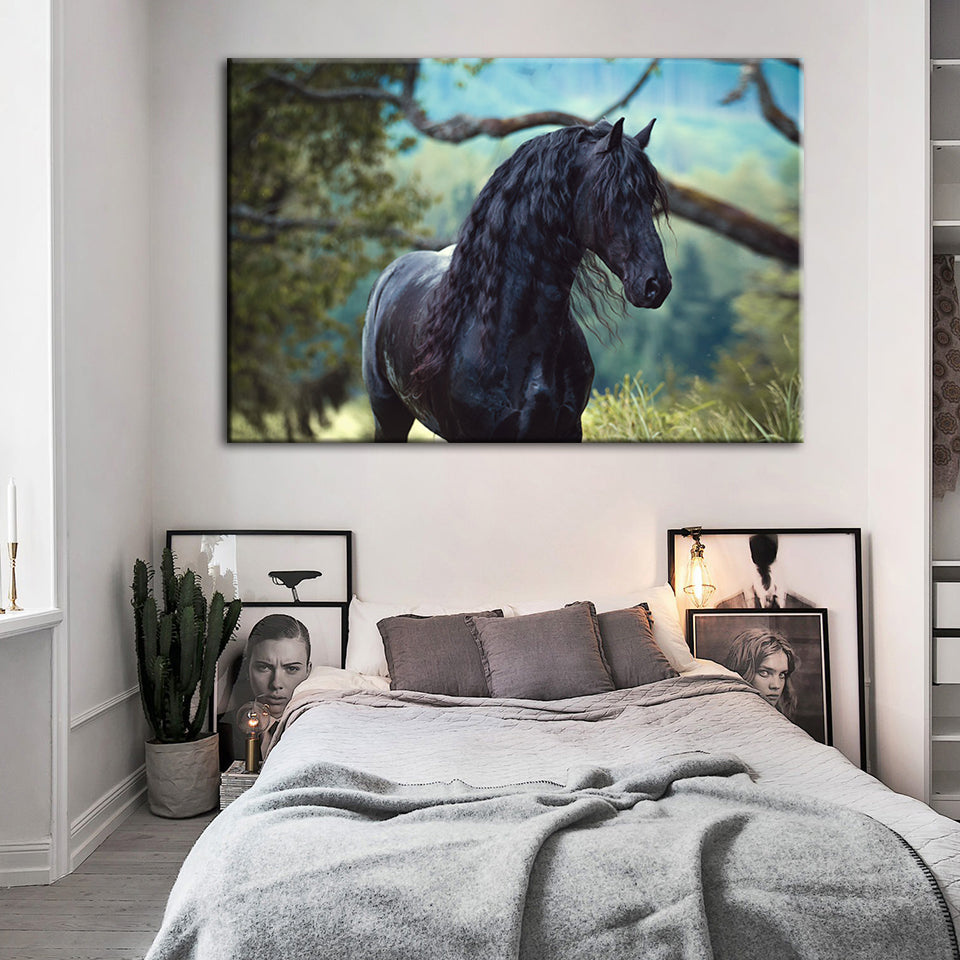 Black Horse In Forest - Canvas Wall Art Painting | Bowlift