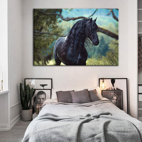 Black Horse In Forest - Canvas Wall Art Painting | Bowlift