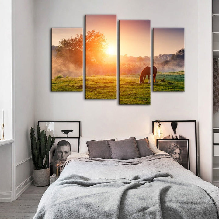 4 Piece Sunrise Grazing Horse - Canvas Wall Art Painting | Bowlift