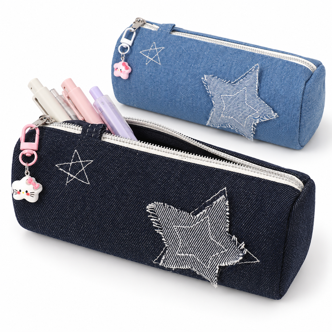 Denim Star Patch Pencil Case and Cosmetic Makeup Bag with Zipper Charm Bowlift