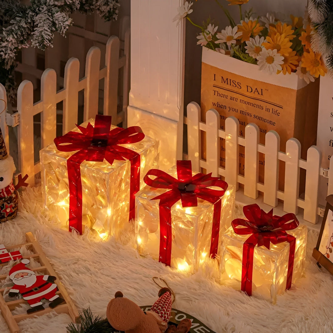 Bright gift boxes in a set of 3 – Transparent Christmas decoration with red ribbons | For indoors & outdoors | Bowlift