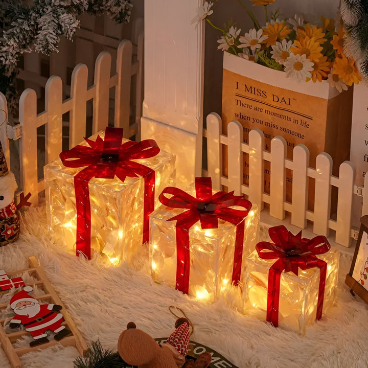Bright gift boxes in a set of 3 – Transparent Christmas decoration with red ribbons | For indoors & outdoors | Bowlift