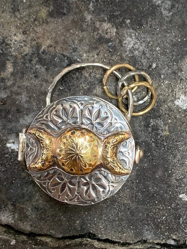 BowLift | Silver Locket Necklace | Triple Moon & Tree of Life | Keepsake with Quartz Crystal