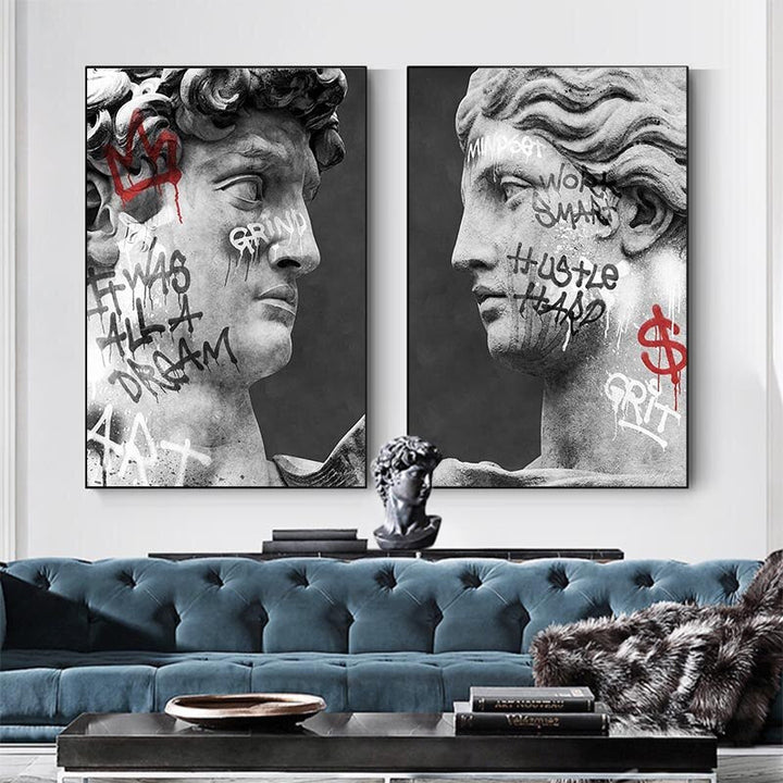 David Head Sculpture Graffiti - Canvas Wall Art Painting | Bowlift