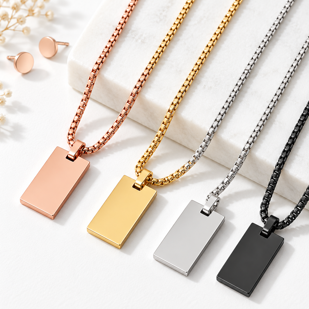 Minimalist Polished Rectangular ID Pendant Necklace with Box Chain Bowlift