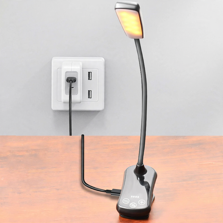 LED clamp lamp, dimmable, with battery indicator