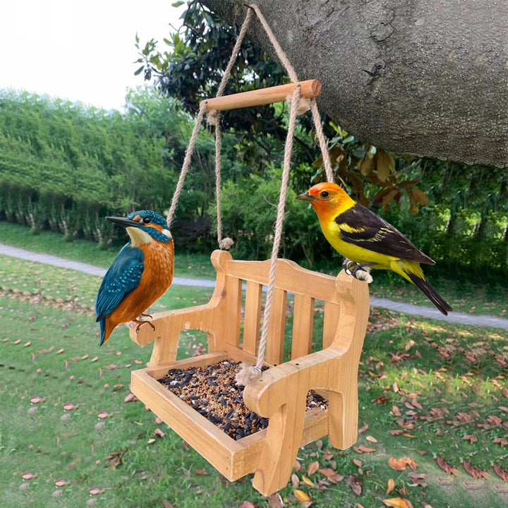 Automatic birdhouse made of pine wood for hanging