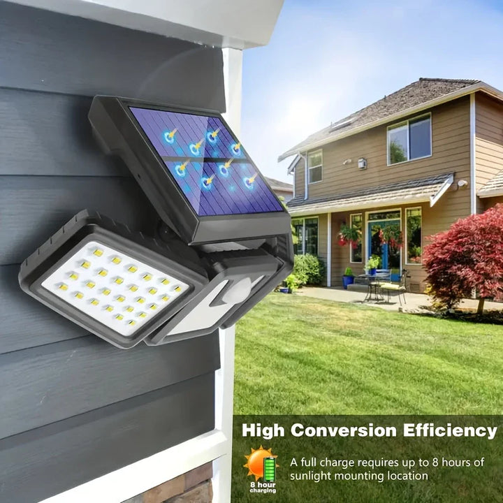 BowLift | Solar LED floodlight with motion sensor – 3-beam outdoor lighting for garden, yard, and garage