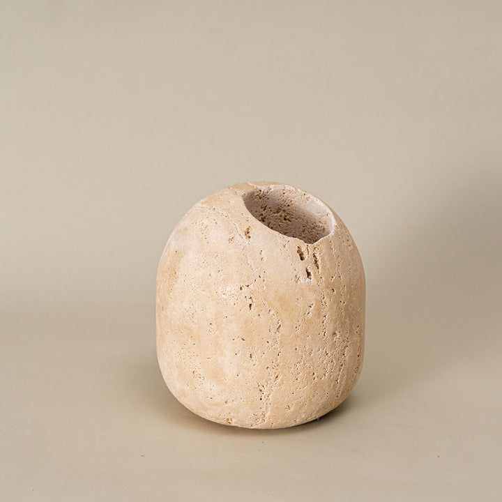 BowLift | Beige Travertine Stone Match Holder and Toothpick Jar