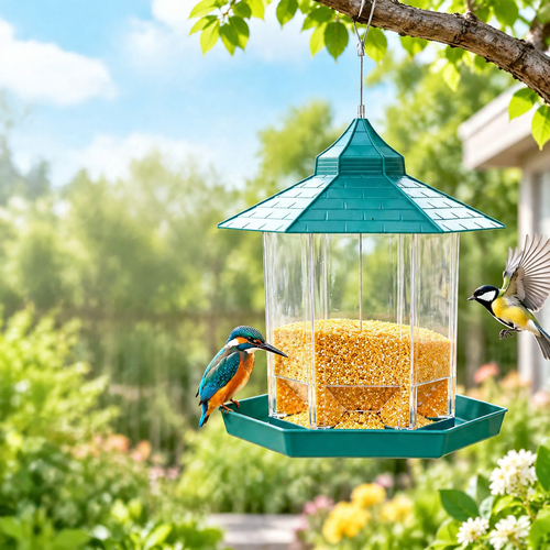 Transparent, weatherproof bird feeder for hanging