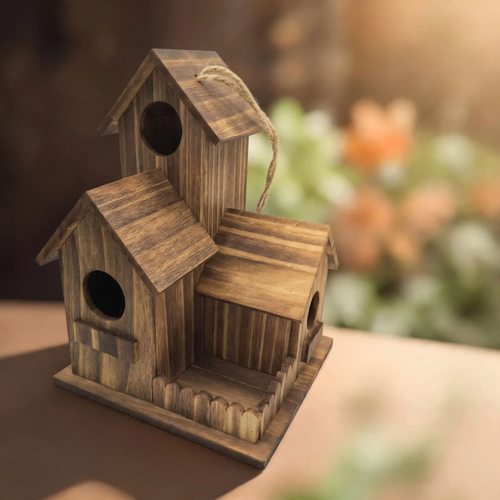 Two-story birdhouse made of carbonized pine wood