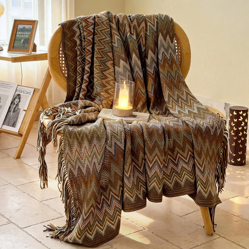 Boho-Wool Blanket, Geometric Pattern, with Fringes