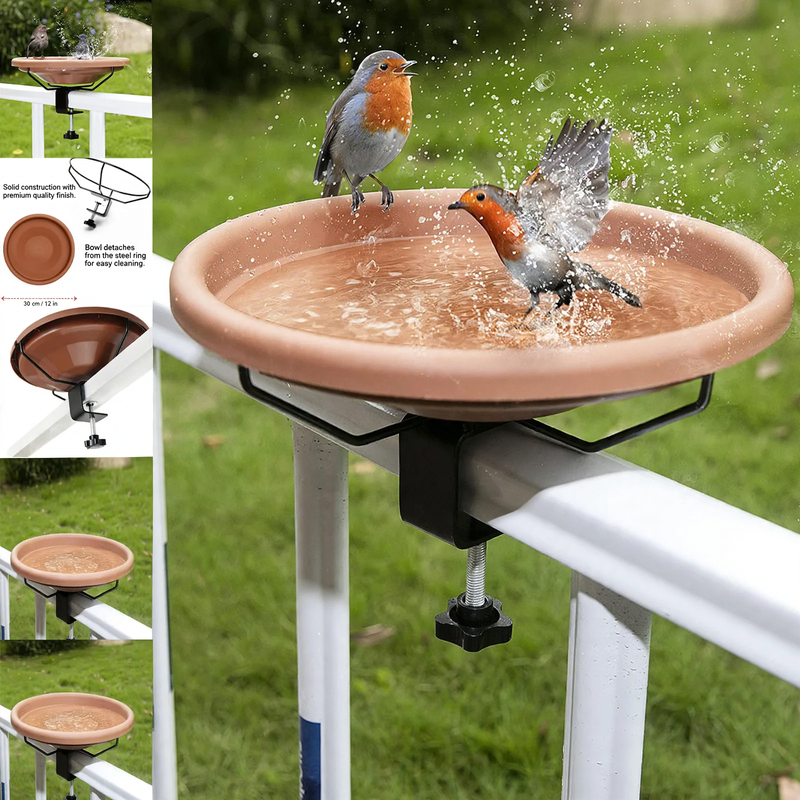 Versatile birdbath and feeding station for balcony railings