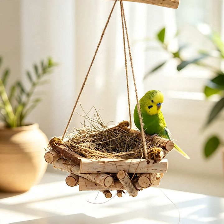 Hanging birdhouse made of birch wood