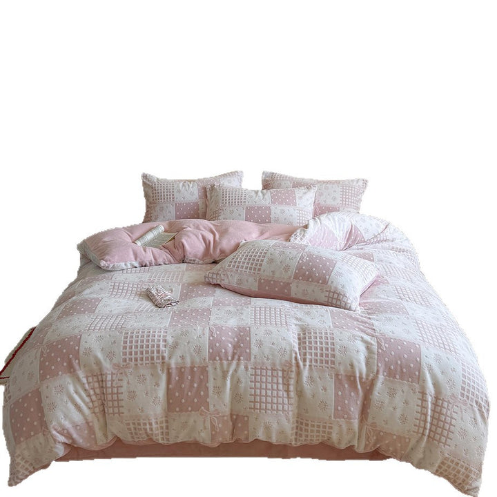 Fleece bedding set, 4-piece, check pattern, winter